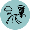 Line icon of rain cloud and tornado by road on light blue circle